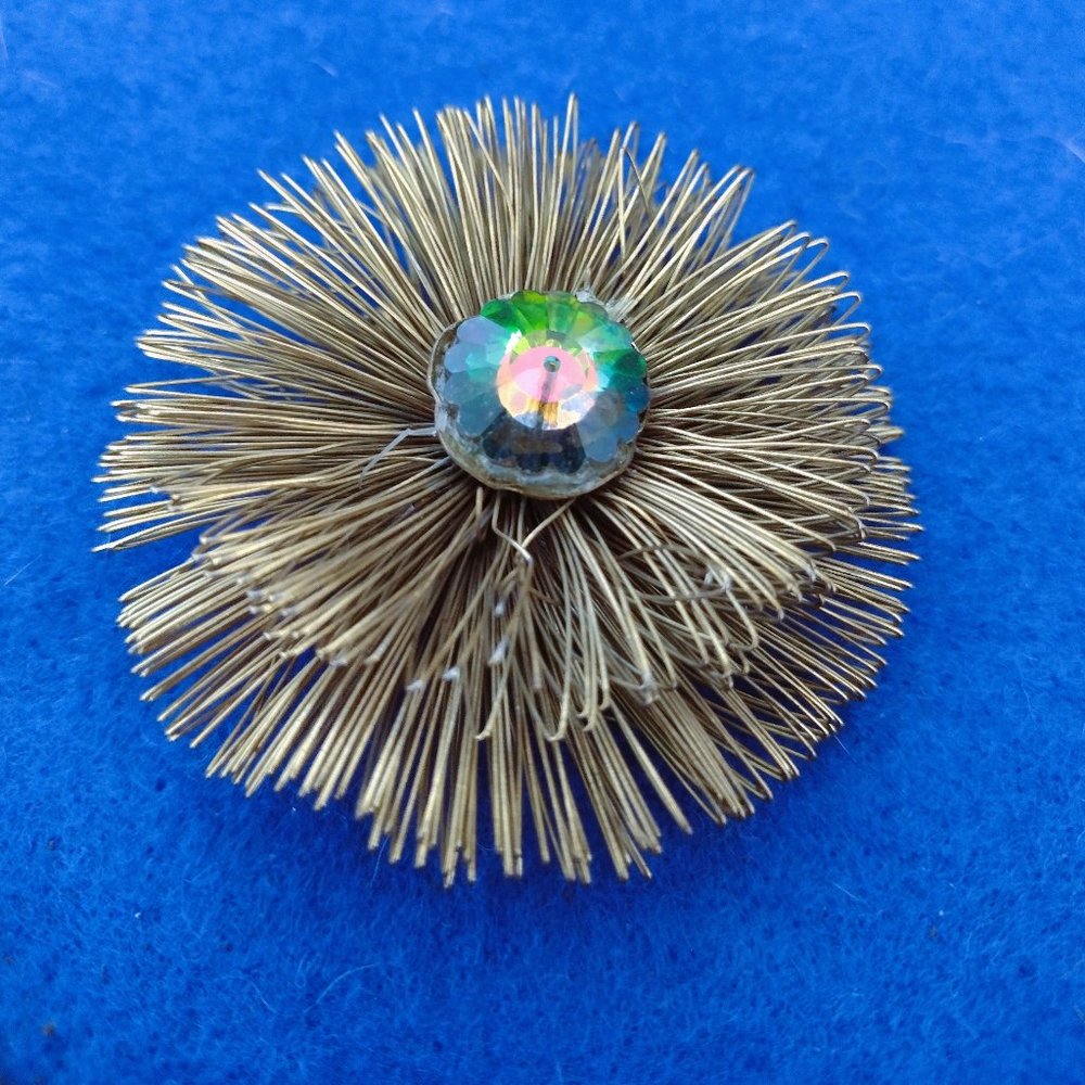 Beautiful Golden Metal Brooch Iridescent Center Stone